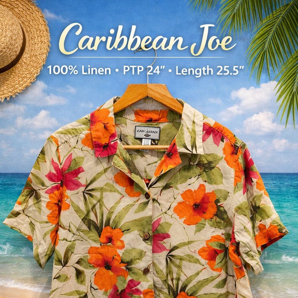 Caribbean Joe Linen Tropical Floral Shirt 1X NWOT Button Front Resort Vibes Top